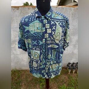 PreOwned Jams World Hawaiian Print Blue/Green Full Button Men's Large